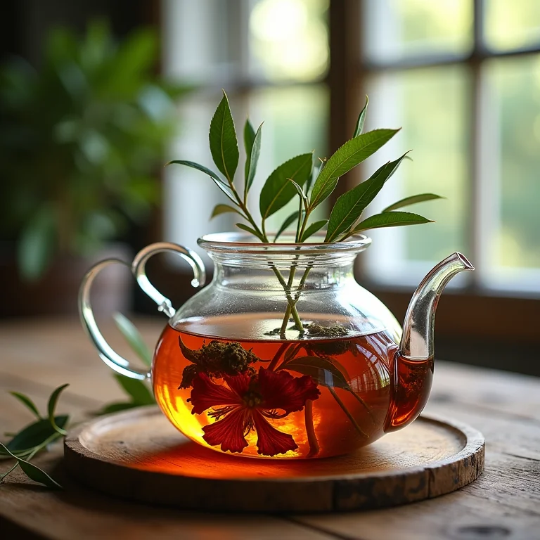 Preparo de chá com folhas de oliveira e hibisco em bule de vidro