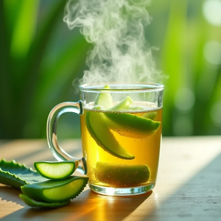 Preparo de chá de babosa em caneca de vidro.