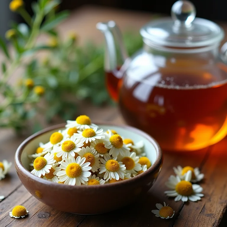 Preparo de chá de camomila com flores secas e bule de vidro