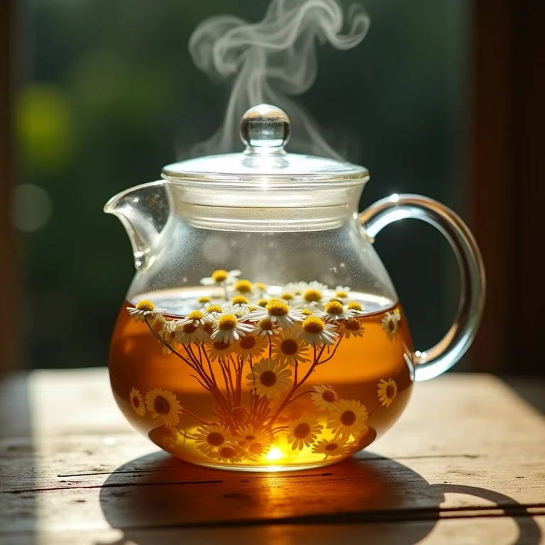 Preparo de chá de camomila em bule de vidro
