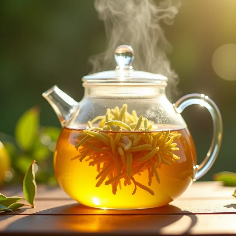 Preparo de chá de capim cidreira em bule de vidro transparente