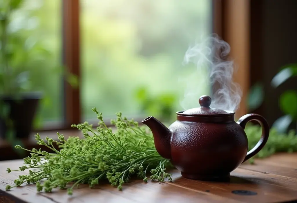 Preparo de chá de cavalinha em bule de cerâmica com ingredientes frescos