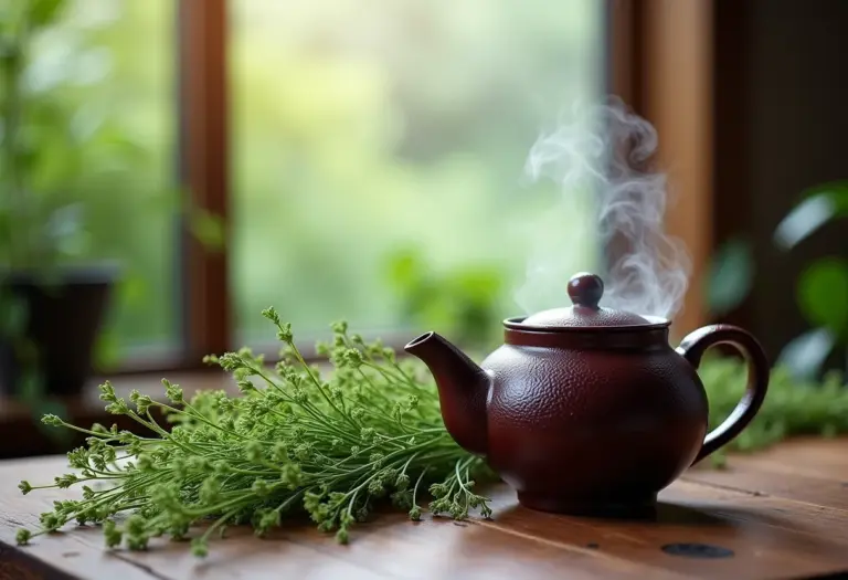 Preparo de chá de cavalinha em bule de cerâmica com ingredientes frescos