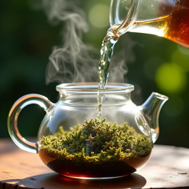 Preparo de chá de cavalinha em bule de vidro.