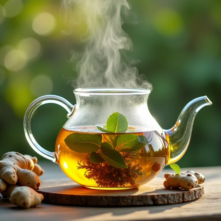 Preparo de chá de cavalinha, louro e gengibre em bule de vidro.