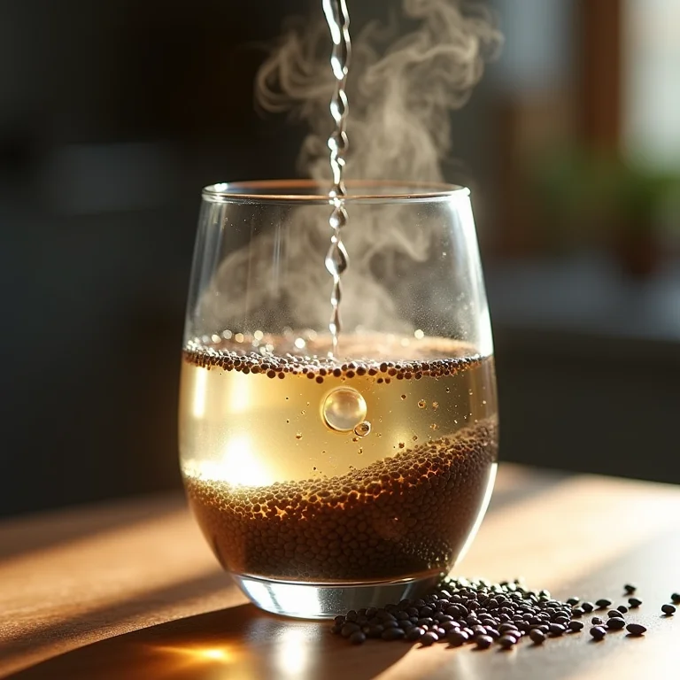 Preparo de chá de chia em copo de vidro.