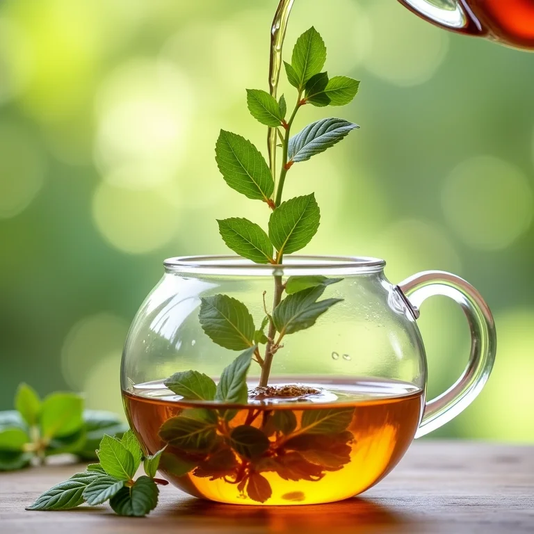 Preparo de chá de erva cidreira com folhas secas em bule de vidro.