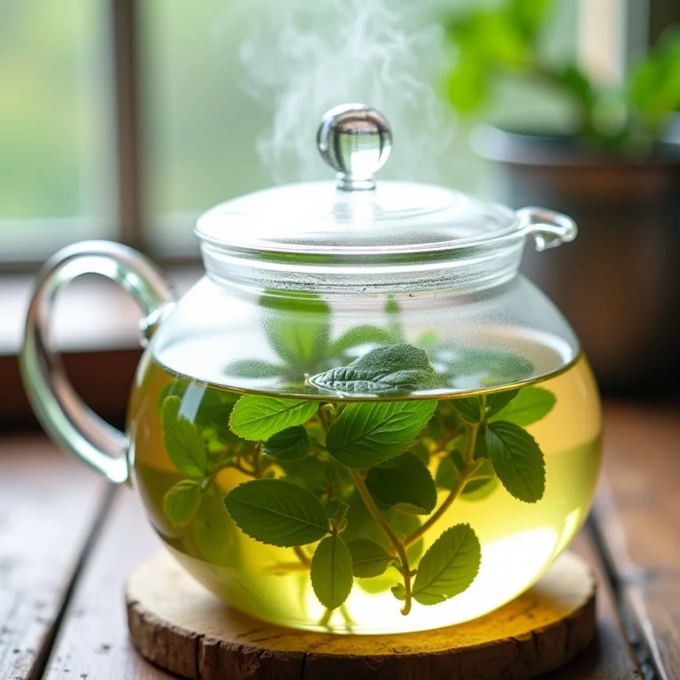 Preparo de chá de erva cidreira em bule de vidro com folhas frescas.