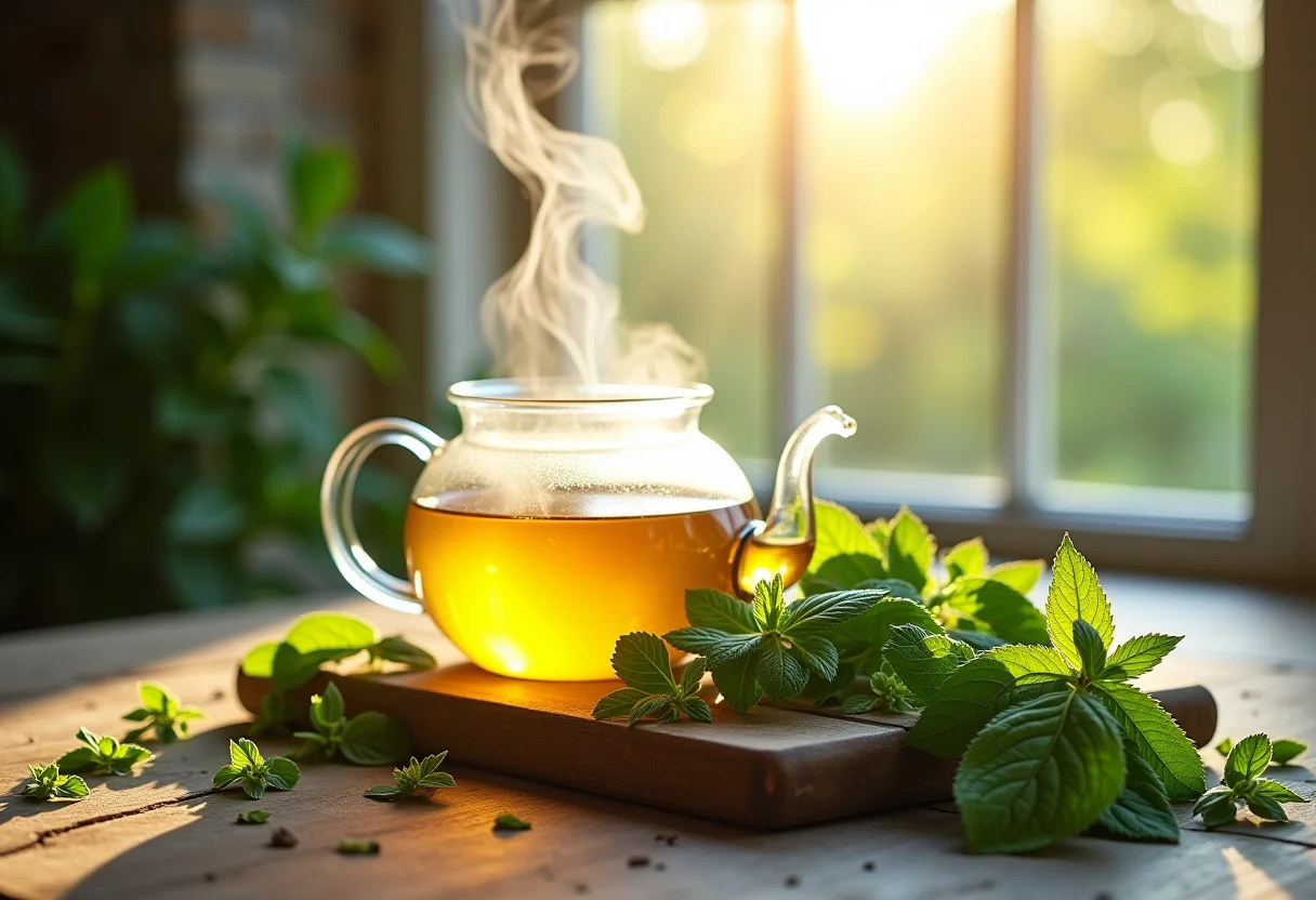 Preparo de chá de erva cidreira em bule de vidro com folhas frescas