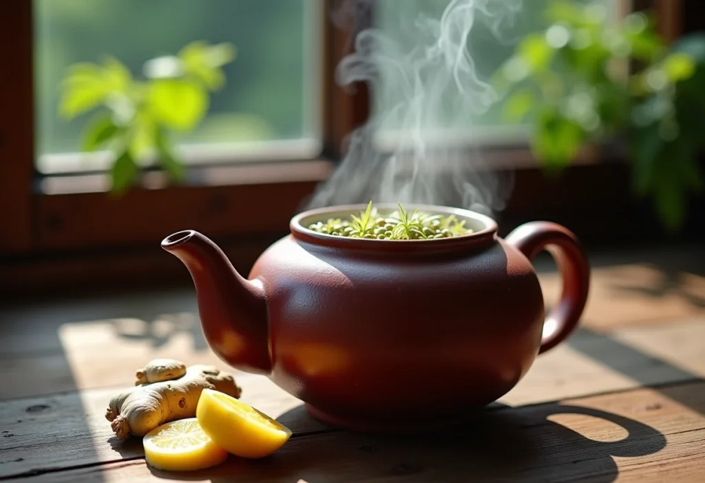 Preparo de chá de erva doce com gengibre em bule rústico