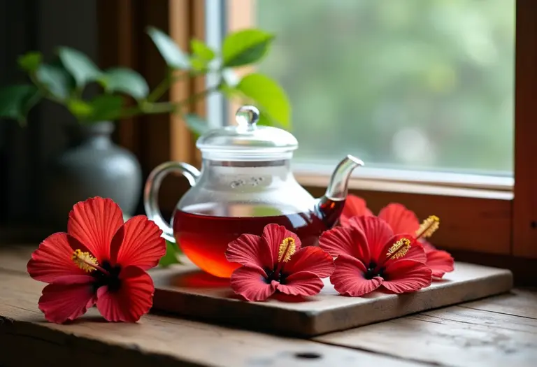 Preparo de chá de hibisco em bule de vidro sobre mesa rústica.