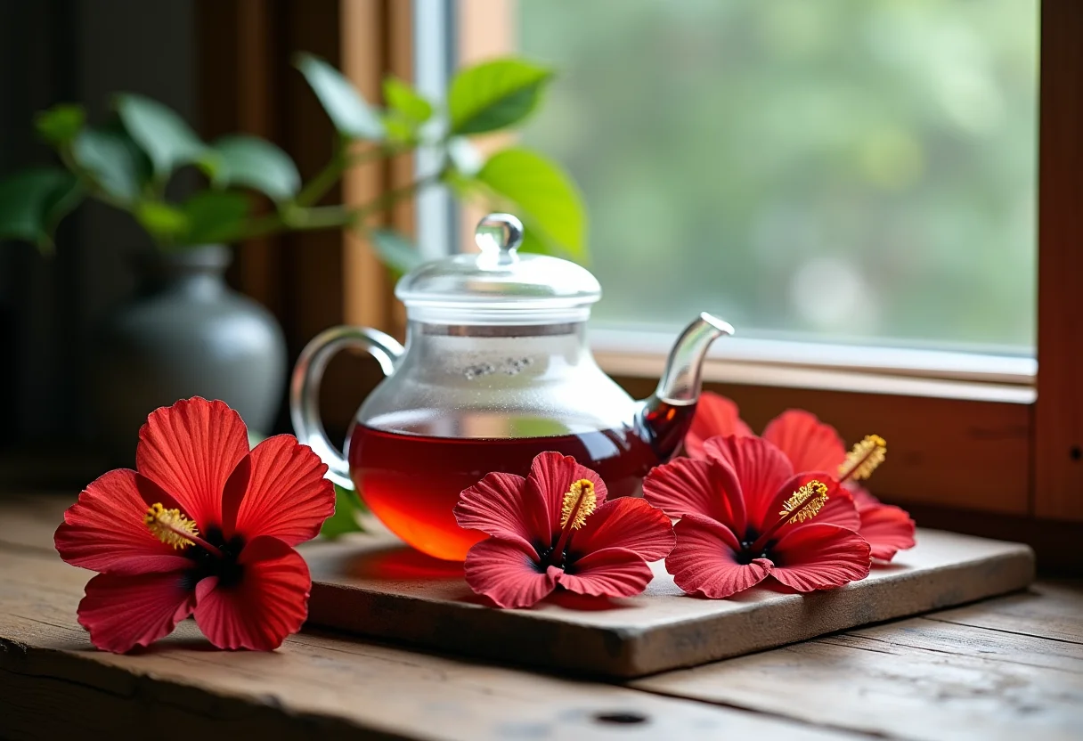 Preparo de chá de hibisco em bule de vidro sobre mesa rústica.