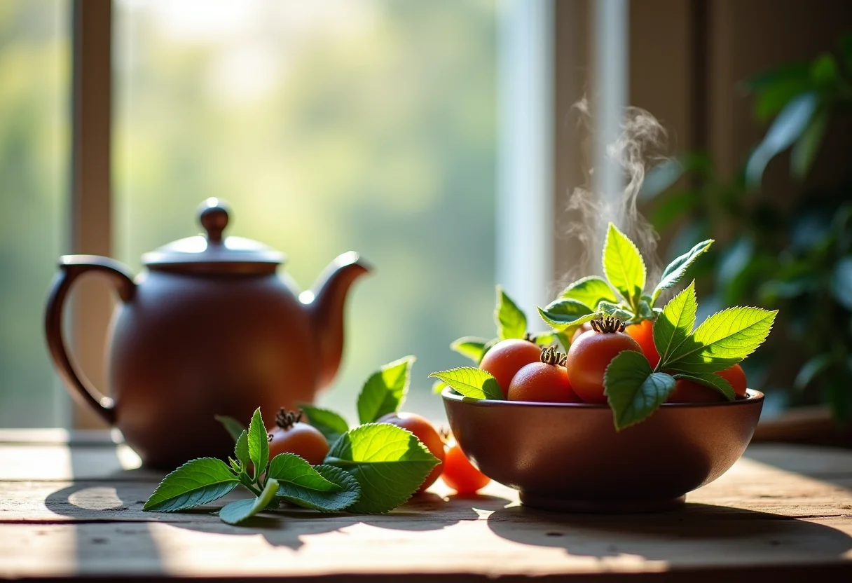Preparo de chá de Sete Sangrias em mesa de madeira rústica.