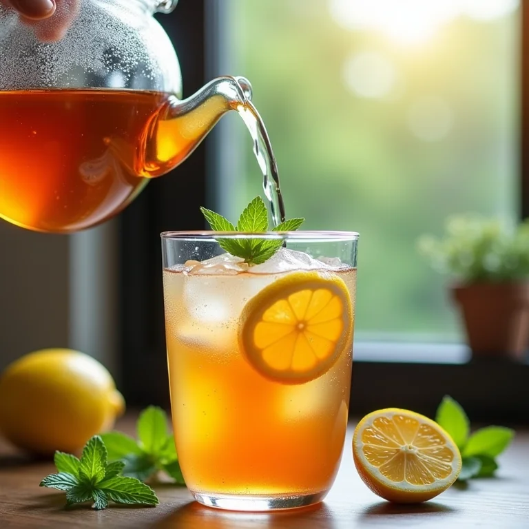 Preparo de chá gelado com água sendo despejada em copo com gelo