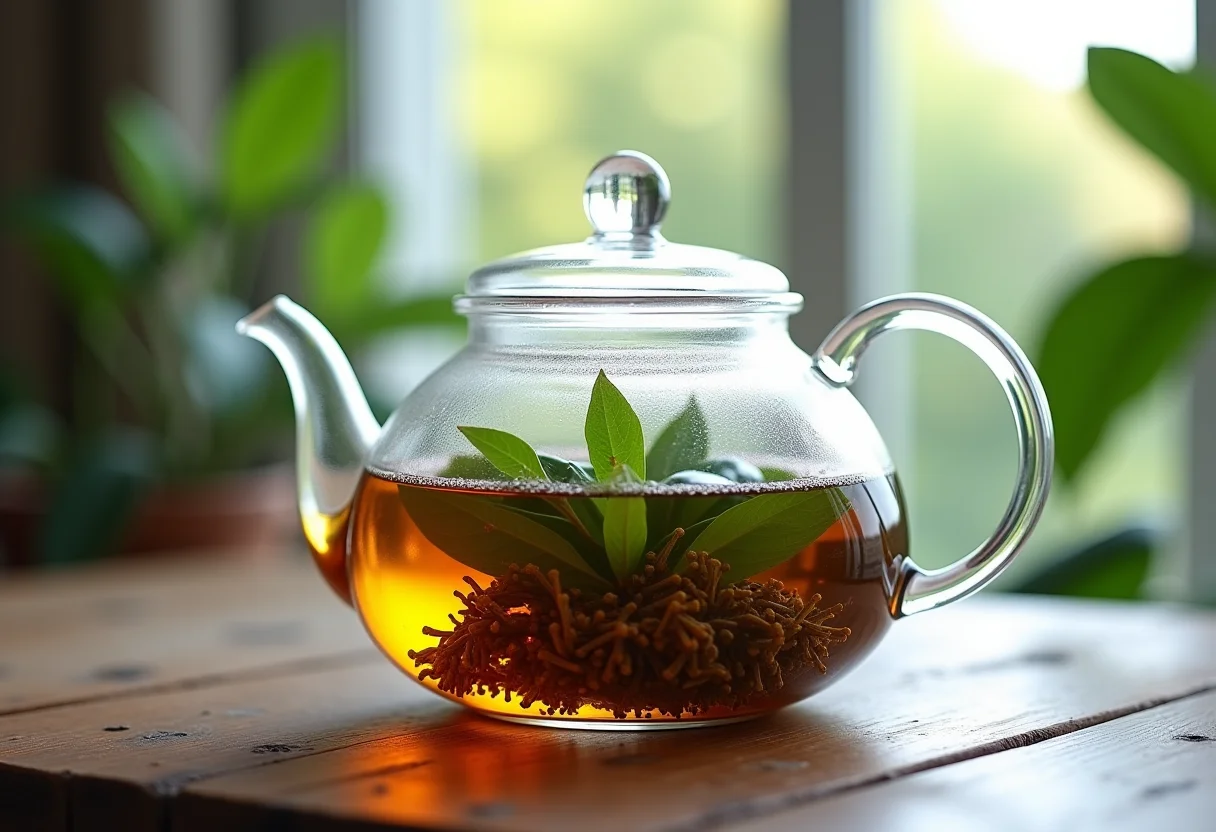 Preparo de chá gelado com erva mate e botões de chá branco em bule de vidro