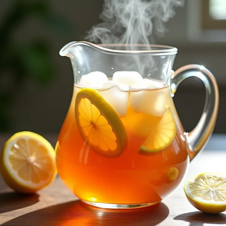 Preparo de chá gelado: infusão em água quente com limão e gelo.