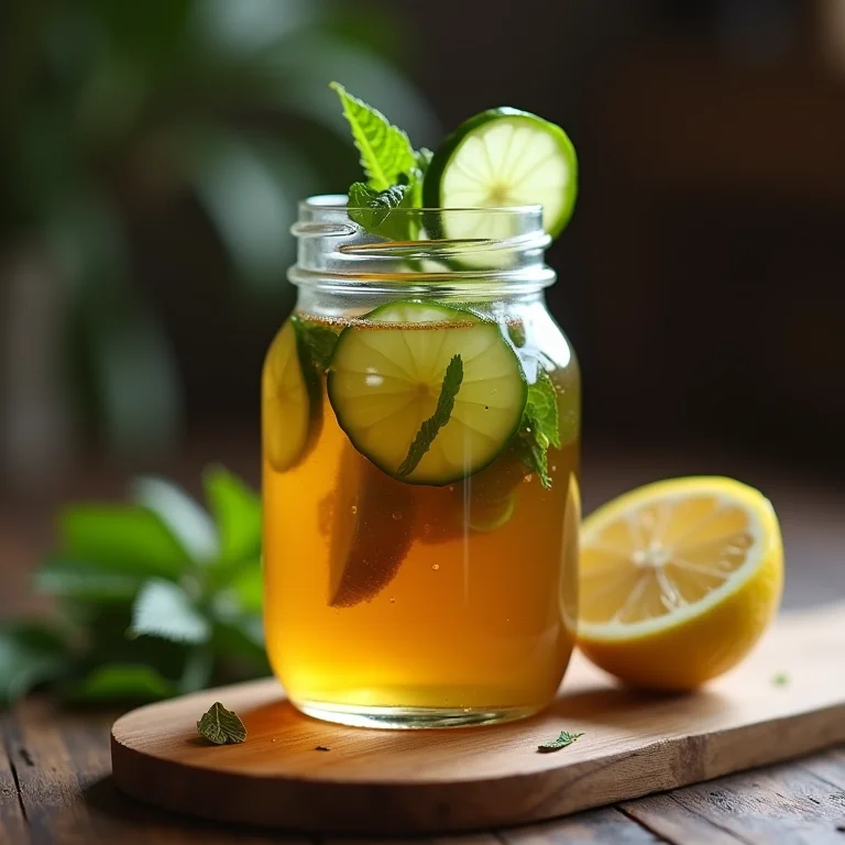 Preparo de chá gelado por infusão a frio (cold brew) em jarra de vidro.