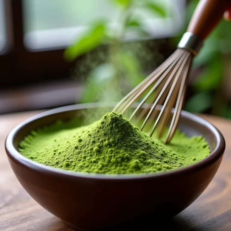 Preparo de chá matcha em tigela de cerâmica.