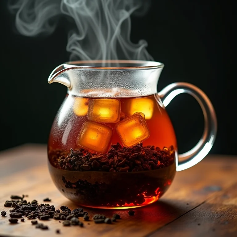 Preparo de chá preto gelado com cubos de gelo em bule transparente.