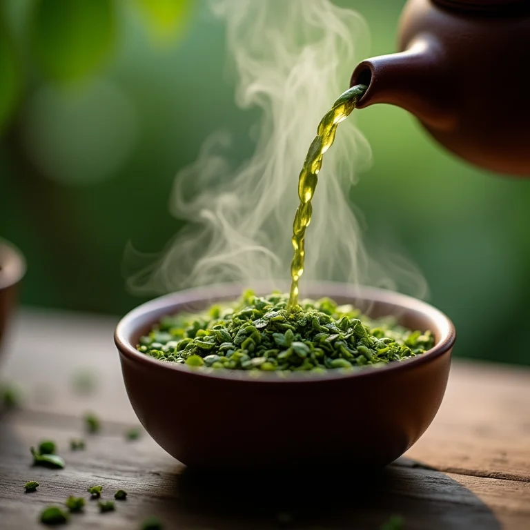 Preparo de chá verde em bule de cerâmica.