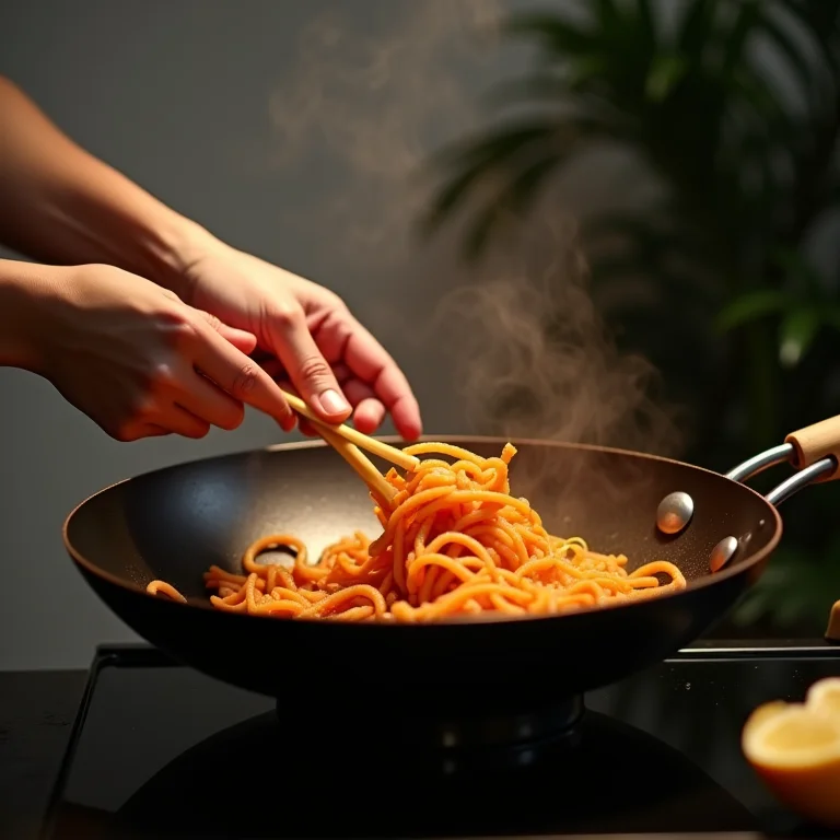 Preparo de stir fry com nirá em um wok