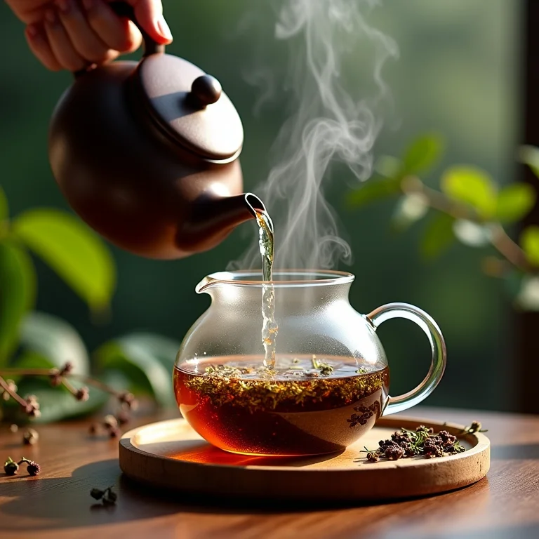 Preparo do chá de 7 ervas com água quente em bule de vidro.