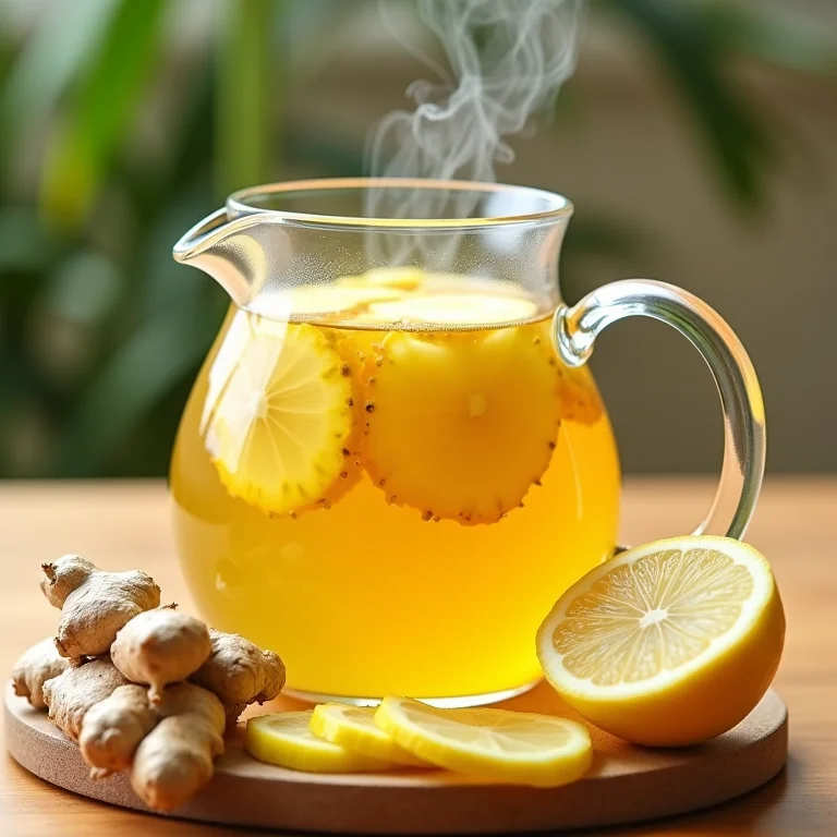 Preparo do chá de abacaxi com cascas, limão e gengibre em bule de vidro
