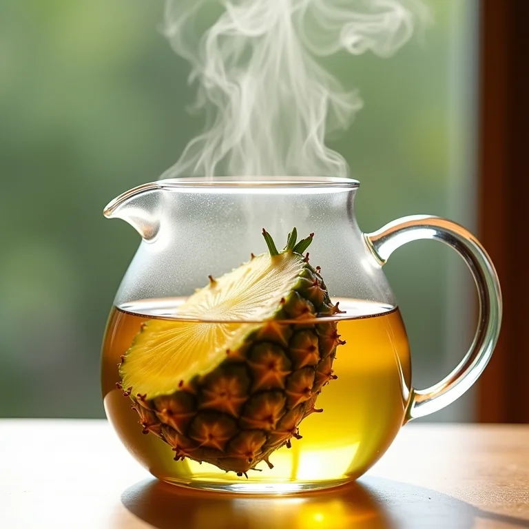 Preparo do chá de abacaxi em bule de vidro.