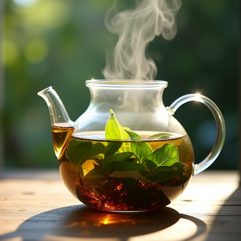 Preparo do chá de boldo em bule de vidro com folhas orgânicas.
