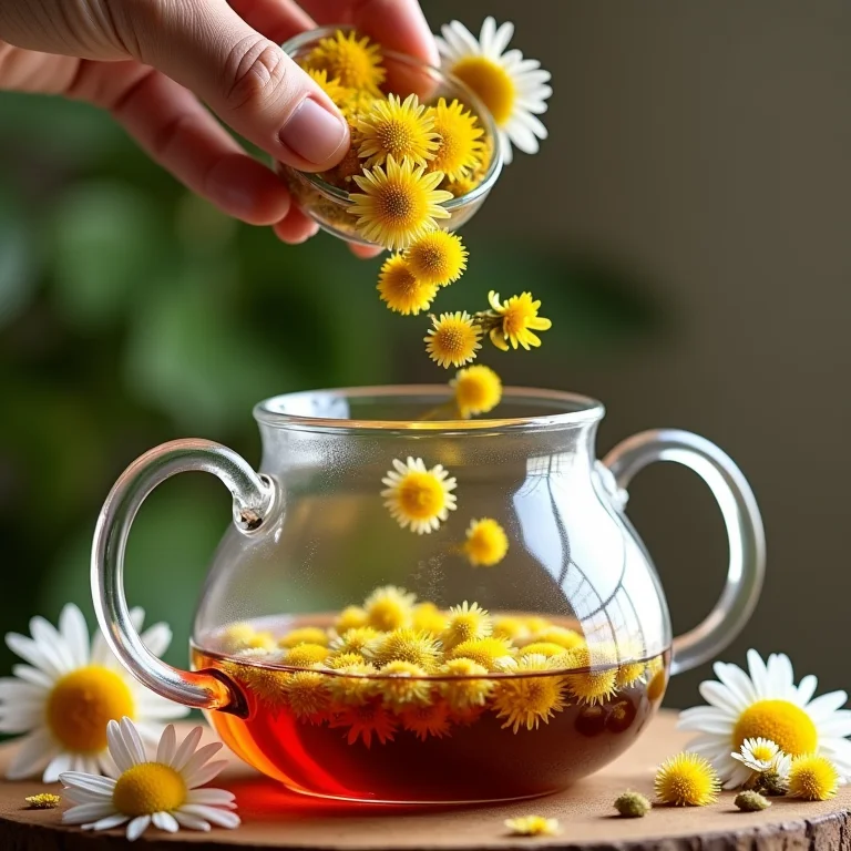 Preparo do chá de camomila em um bule de vidro transparente.