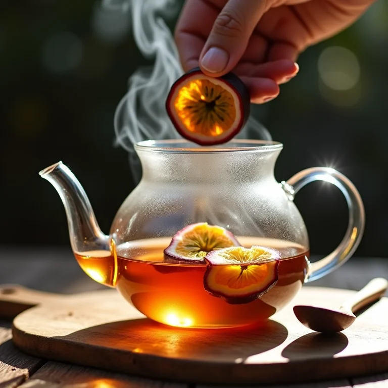 Preparo do chá de casca de maracujá: cascas sendo adicionadas à água quente em bule de vidro.