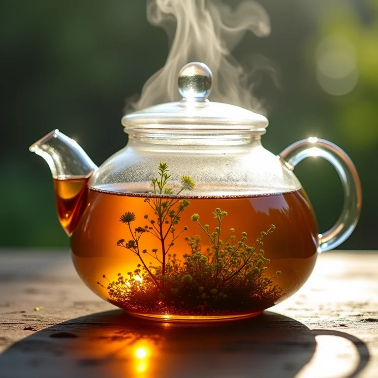 Preparo do chá de cavalinha em bule de vidro, água mudando de cor.