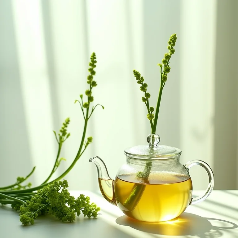 Preparo do chá de cavalinha: erva fresca em infusão em bule de vidro