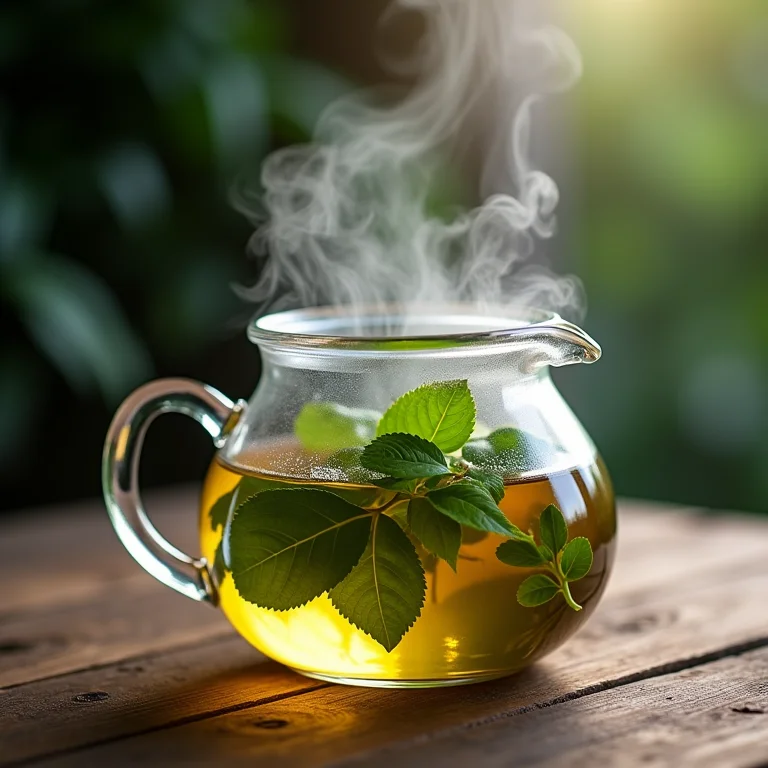 Preparo do chá de erva cidreira em bule de vidro.