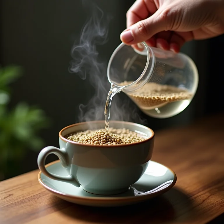 Preparo do chá de erva-doce: água quente sendo despejada em sementes.