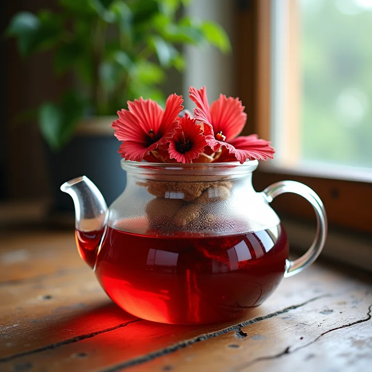Preparo do chá de hibisco em bule de vidro.