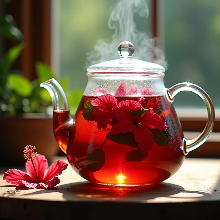Preparo do chá de hibisco em bule de vidro, mostrando a infusão e a cor vibrante da bebida.