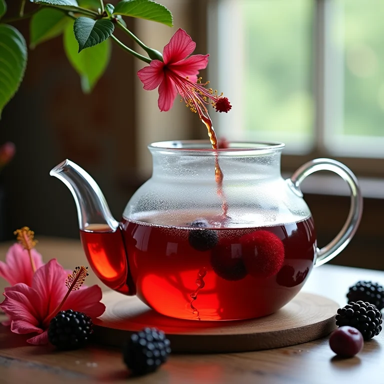 Preparo do chá de hibisco, rosa silvestre e amora em bule de vidro.