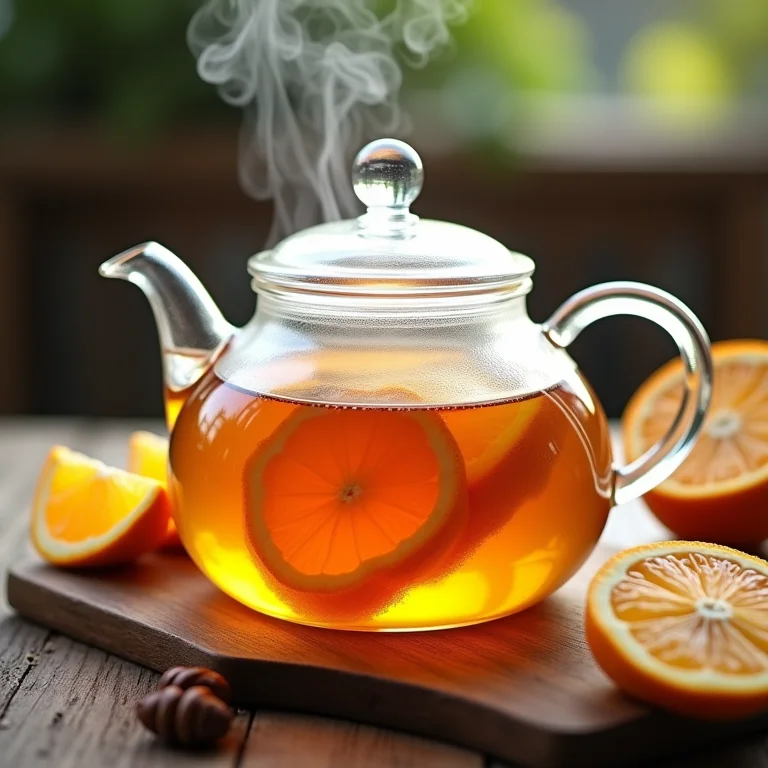 Preparo do chá de laranja com mel em bule de vidro com vapor.