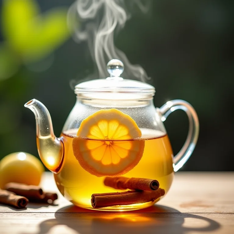 Preparo do chá de limão, mel e canela em bule de vidro