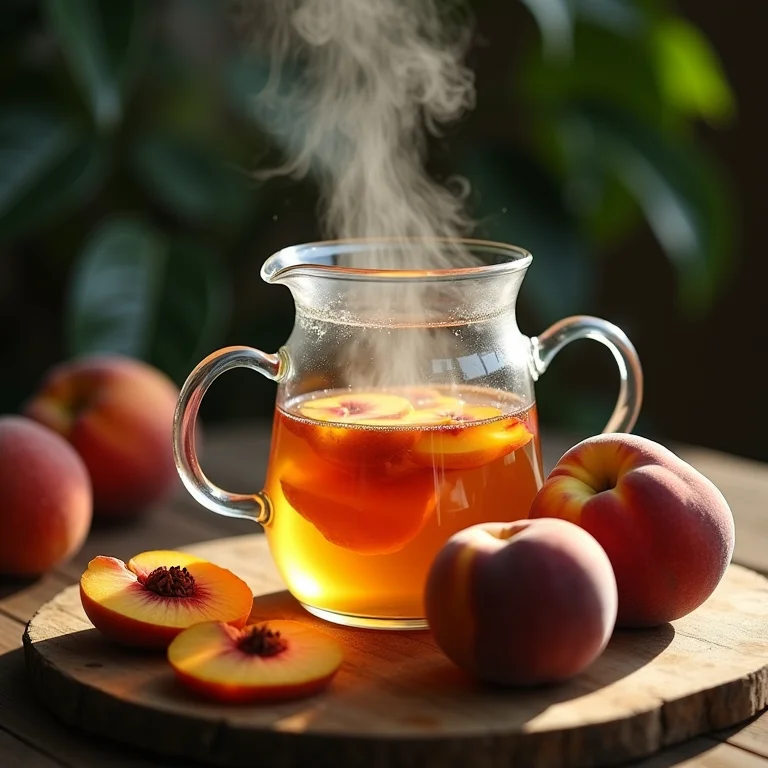 Preparo do chá de pêssego: fatias de pêssego na água quente