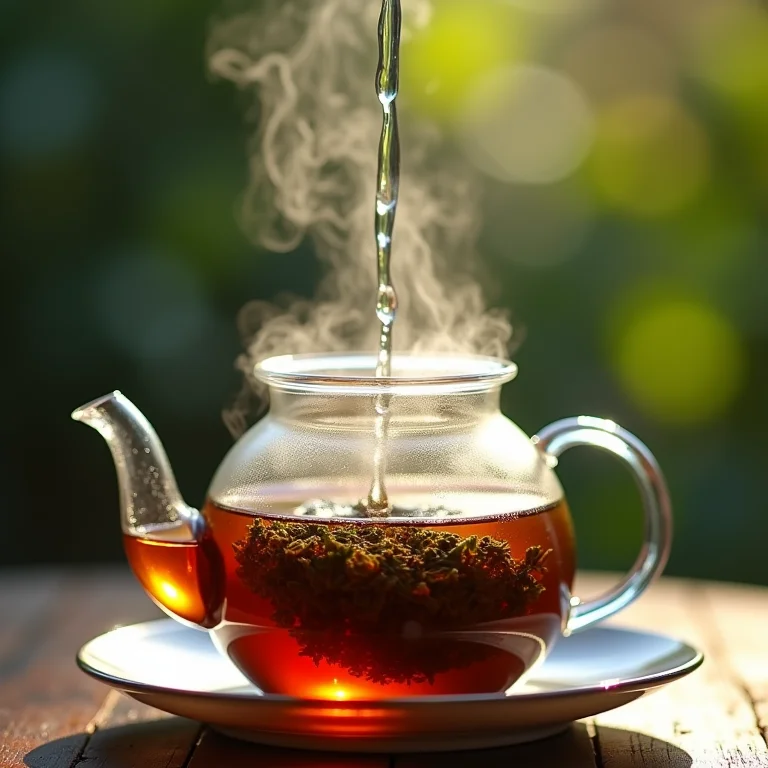 Preparo do chá em bule de vidro com água quente e vapor