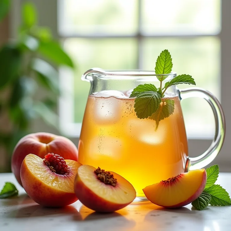 Preparo do chá gelado de pêssego com hortelã.