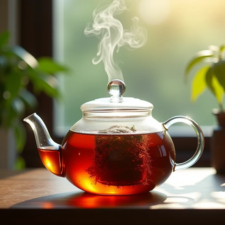 Preparo do chá preto em bule de vidro com vapor.