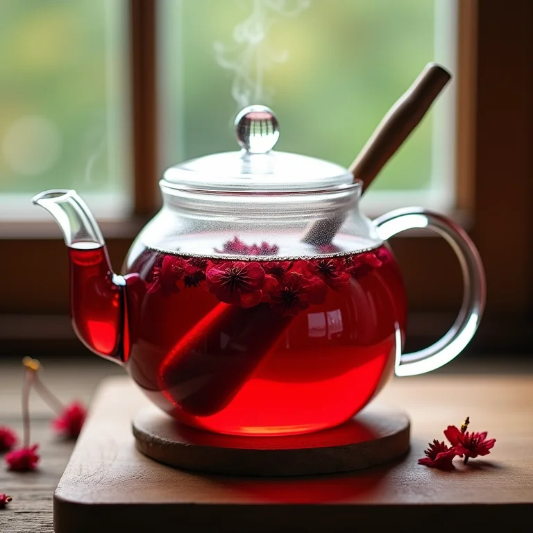 Preparo passo a passo do chá de hibisco turbinado em bule de vidro.