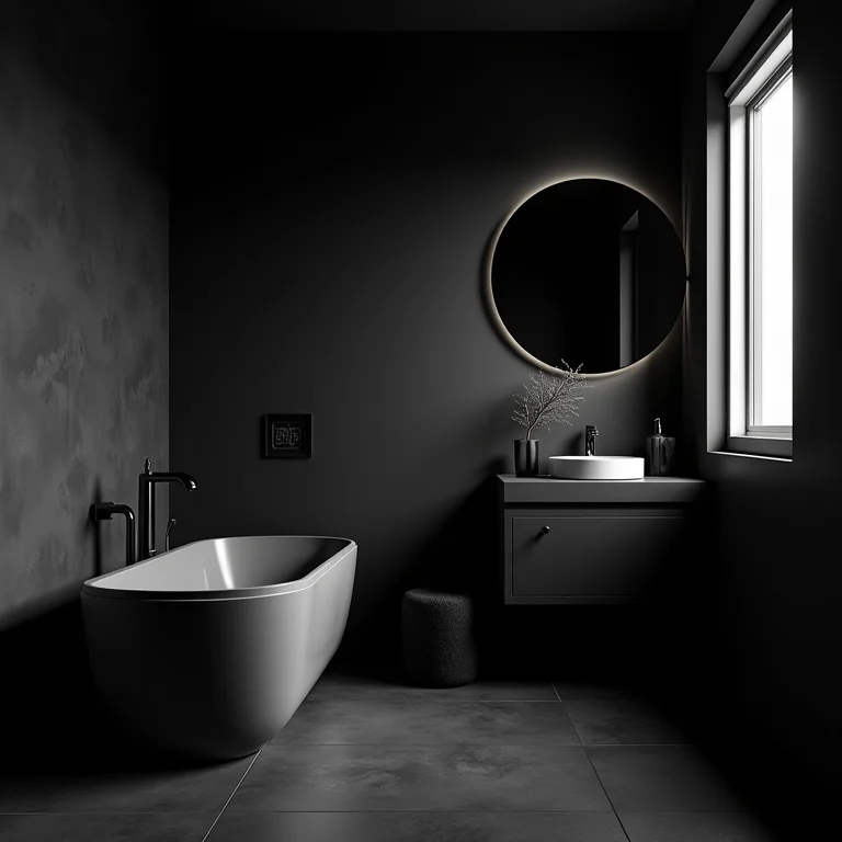 Proporção desequilibrada em banheiro preto e branco