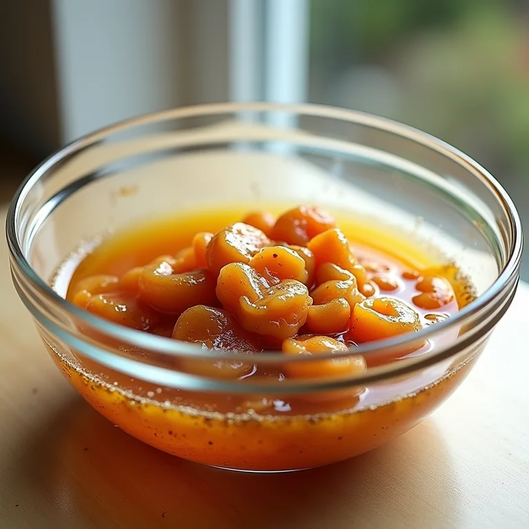 Proteína de soja sendo marinada em uma tigela de vidro com especiarias e óleo.