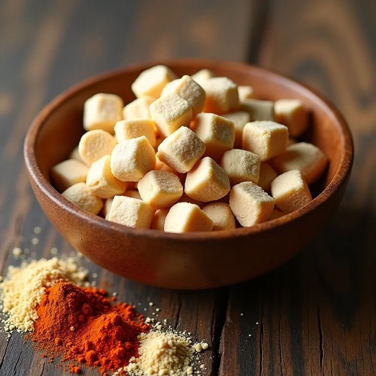 Proteína de soja texturizada com especiarias variadas em uma tigela de madeira.