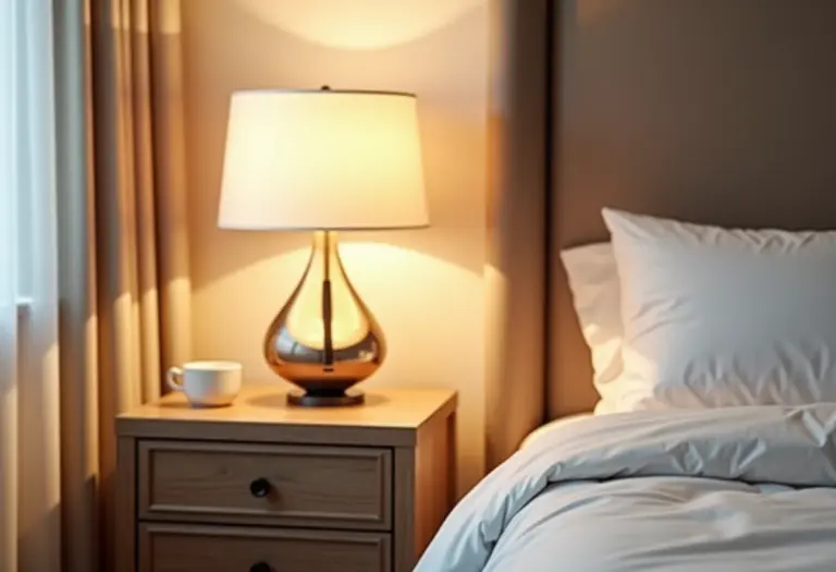 Quarto com iluminação suave e abajur de tecido elegante