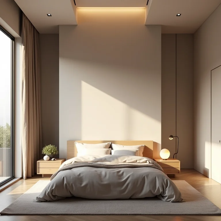 Quarto moderno com iluminação indireta realçando detalhes arquitetônicos.